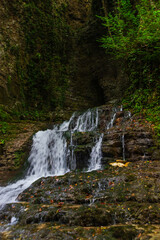 Obraz premium MARTVILI, GEORGIA: Beautiful natural Martvili canyon with view of the mountain river and waterfall.