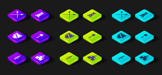 Set Dagger, Castle, fortress, Shield, Medieval chained mace ball, tower and Crossed medieval spears icon. Vector