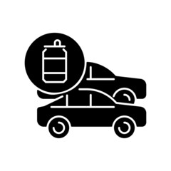 Cars made from recycled steel black glyph icon. Vehicles from aluminum cans. Recycling food, beverage containers. Reprocessed material. Silhouette symbol on white space. Vector isolated illustration