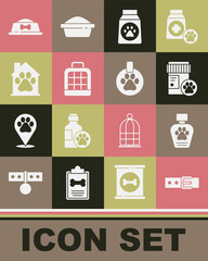 Set Collar with name tag, Pet shampoo, Dog medicine bottle, Bag of food, carry case, house, bowl and icon. Vector