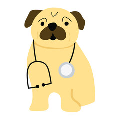 Fototapeta na wymiar Pug with stethoscope. Vector illustration on white background.