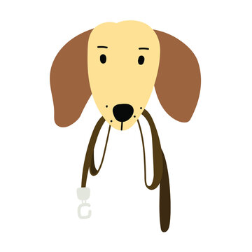 Head Of Dachshund With Leash In Mouth. Vector Illustration On White Background.