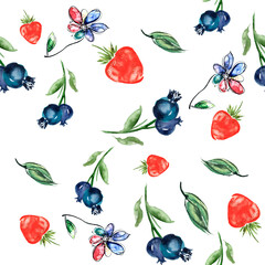 Watercolor seamless floral background. Trendy modern pattern with chamomile flower, flower petal, branch. Backgroun for fabric design. Berry lingonberry, blueberry, strawberry, fruit tea, packaging 