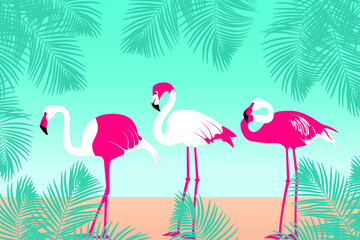Fototapeta premium Tropical background with flamingos and palm trees. Jungle frame