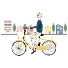 Obraz premium 街中を電動自転車にのる欧米人男性 