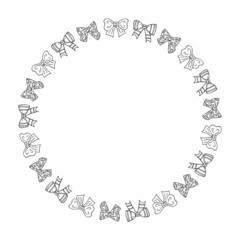 Round frame with cute black-and-white bow on white background. Vector image.