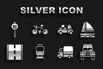 Set Train and railway, Yacht sailboat, Car, Delivery cargo truck, Road, Speed limit traffic and Bicycle icon. Vector