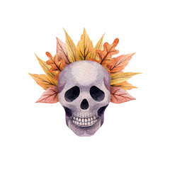 Watercolor skull with autumn wreath. Nice hand drawn elements for your halloween design. On white background isolated.
