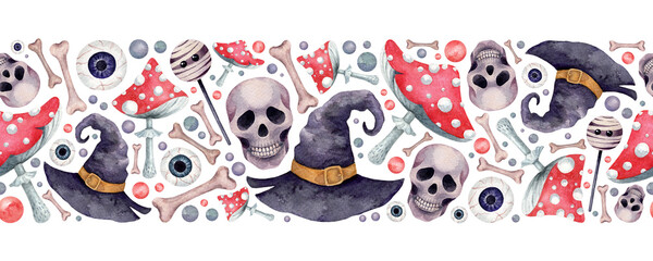 Watercolor hand drawn saemless border. Halloween hand drawn endless pattern. Witch hat, skull, mushroom, bones, eyes and another elements. Nice festive halloween border.