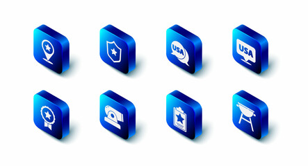 Set Police badge, USA label, Independence day, Barbecue grill, Cannon, Medal with star and icon. Vector