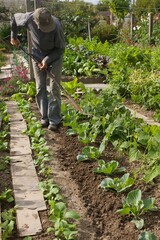 a gardener is digging soil in a vegetable garden
