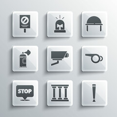 Set Prison window, Police rubber baton, Whistle, Security camera, Protest, Paint spray can, and Military helmet icon. Vector