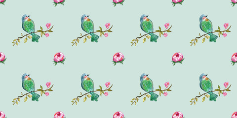 Seamless pattern with watercolor drawing bird
