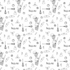 Seamless pattern with black-and-white halloween background. Vector image.