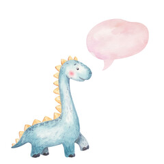 cute baby blue  dinosaur smiling and thought icon, cloud, childrens illustration watercolor