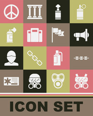 Set Gas mask, Barbed wire, Megaphone, Hand grenade, Police assault shield, Paint spray can, Peace and Location marker icon. Vector