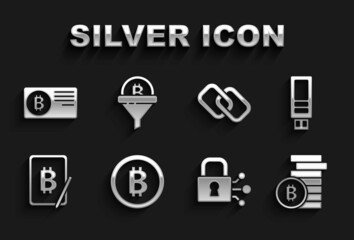 Set Bitcoin, USB flash drive, Lock with bitcoin, Mining from tablet, Chain link, Credit card and Sales funnel icon. Vector