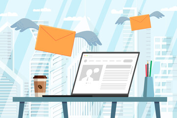 Laptop with news on desktop in modern office. Envelopes with wings flying. Receiving news, message, mail and notification concept. Vector eps illustration