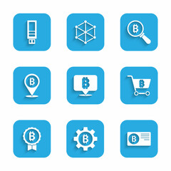 Set Bitcoin, Cryptocurrency, Credit card with bitcoin, Shopping cart, Magnifying glass and USB flash drive icon. Vector