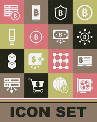 Set Video graphic card, Mining bitcoin from laptop, Blockchain technology Bitcoin, Shield with, the target, USB flash drive, Server and circuit icon. Vector