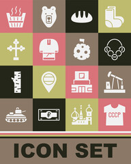 Set USSR t-shirt, Oil pump or pump jack, Russian bagels, Bread loaf, Kosovorotka, Christian cross, Sauna bucket and Moon with flag icon. Vector