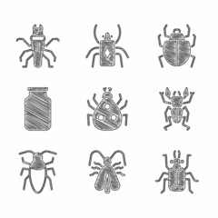 Set Ladybug, Clothes moth, Beetle, deer, Cockroach, Glass jar, Mite and Termite icon. Vector