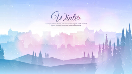 Vector illustration. Flat landscape. Snowy background. Snowdrifts. Snowfall. Clear blue sky. Blizzard. Cartoon wallpaper. Cold weather. Winter season. Forest trees and city buildings. Website design © VVadi4ka