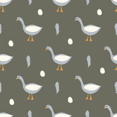 Seamless pattern cute goose, eggs and feathers. Household bird, farming. Poultry. Vector hand drawn colorful wrapping or textile. Farm animal