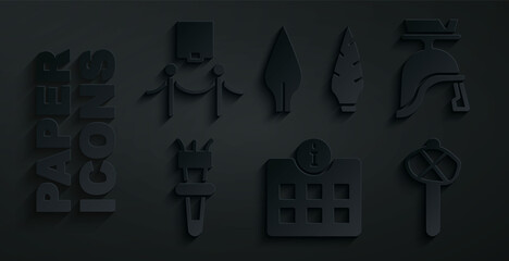 Set Information, Roman army helmet, Torch flame, Stone age hammer, arrow head and Picture and rope barrier icon. Vector