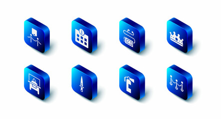 Set Information, Museum audio guide, King crown, Rope barrier, Fire extinguisher, Dagger, Glass showcase exhibit and Picture and rope icon. Vector