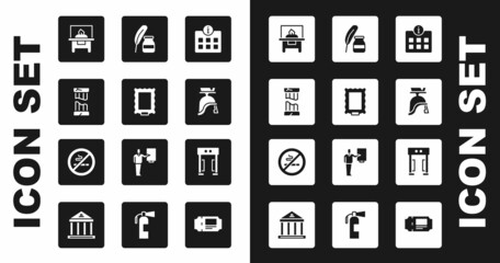 Set Information, Picture, Broken ancient column, Glass showcase exhibit, Roman army helmet, Feather and inkwell, Metal detector and No Smoking icon. Vector
