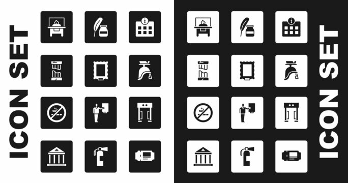 Set Information, Picture, Broken ancient column, Glass showcase exhibit, Roman army helmet, Feather and inkwell, Metal detector and No Smoking icon. Vector