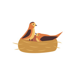 Twisted nest, two birds male and female, family. Colorful vector isolated cartoon illustration. Print or card. Happy couple