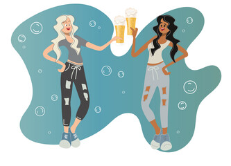 Modern freaky girls lead unhealthy lifestyles, drinking beer, clinking glasses. Women celebrate Beer Day or Oktoberfest. Vector comic cartoon illustration for print, postcards, party invitations.
