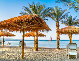 Morning at central public beach in Eilat - famous tourist resort and recreational city in Israel
