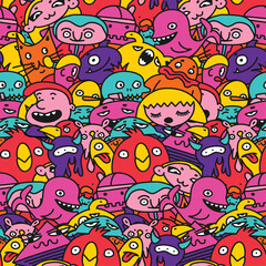 Seamless background pattern, childrens multicolored characters, vector illustration, drawings with little men in cartoon style.