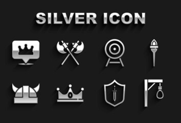 Set King crown, Torch flame, Gallows, Medieval shield with sword, Viking horned helmet, Target arrow, Location and Crossed medieval axes icon. Vector