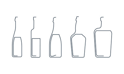 Bottle continuous line whiskey, champagne, vodka, liquor and wine in linear style on white background. Solid black thin outline. Modern flat style graphic design. Logo element illustration.