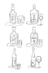 Bottle and glass rum, tequila, vodka, wine, whiskey, liquor together in hand drawn style. Restaurant beverage outline icon. Line art sketch. Black contour object on white background
