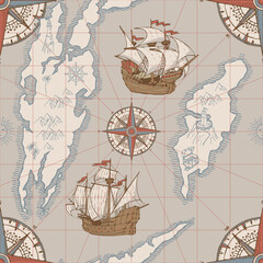 Vector hand-drawn seamless pattern on the theme of travel, adventure and discovery. Repeating background with old map, islands, pirate frigates, vintage sailing yachts and wind roses in retro style © paseven