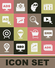 Set Advertising, Social media marketing, Board with graph chart, and Magnifying glass and analysis icon. Vector