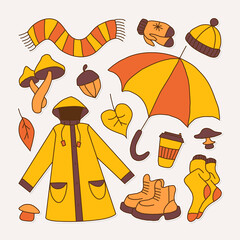 set of icons symbolizing autumn, bright cartoon childish style, vector illustration.