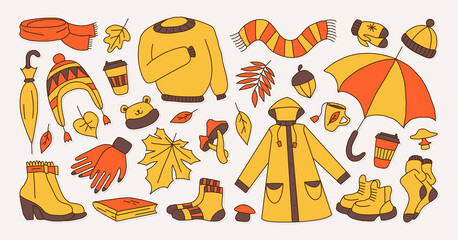 set of icons symbolizing autumn, bright cartoon childish style, vector illustration.