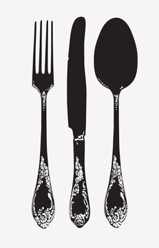 Black And White Set Of Fork, Spoon And Knife In Retro Style. Vintage Silverware Or Flatware Vector Illustration. Ornate Silver Or Steel Cutlery Close-up On White Background. Beautiful Old Tableware