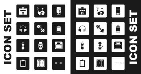 Set Boxing glove, Dumbbell, Headphones, Gym building, Punching bag, Stationary bicycle, Bathroom scales and Bottle of water icon. Vector