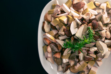White plate full of chopped, fresh bay boletes and boletus, decorated with green twig. Dark grey background.