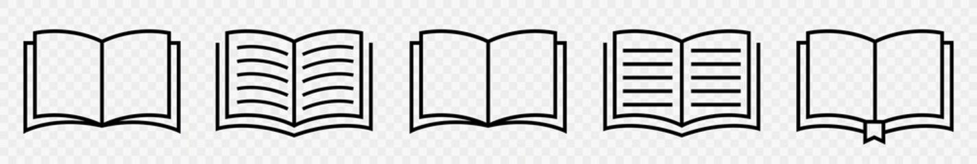 Book line icon set. Open books icons in flat style. Library and bookstore symbol. Graphics signs for web and mobile apps. Vector illustration isolated.