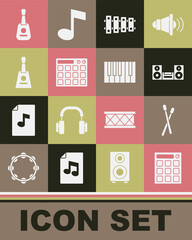 Set Drum machine, sticks, Home stereo, Xylophone, Balalaika, Guitar and Grand piano icon. Vector