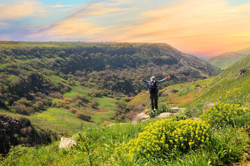 Magnificent blooming mountain canyon landscape at sunrise. Traveler stands on a cliff edge among the wild flowers and herbs. He welcomes a new day with hands up to the magic colorful sky. Israel North