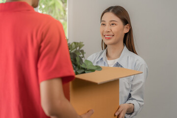 Happy, smile asian young pretty woman unpacking carton parcel, holding plant pot for interior before cargo company, delivery man, male packing cardboard box. Moving, preparing in new house, relocation